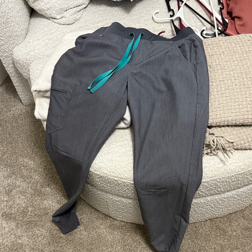 Figs Charcoal Jogger Pants with Teal Drawstring
